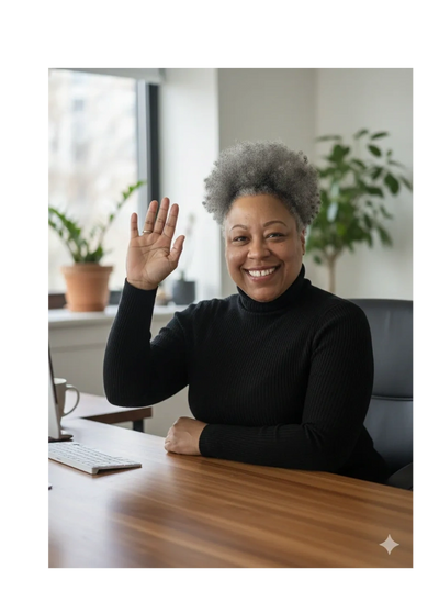 Smiling woman in black sweater waving at the camera in an office.