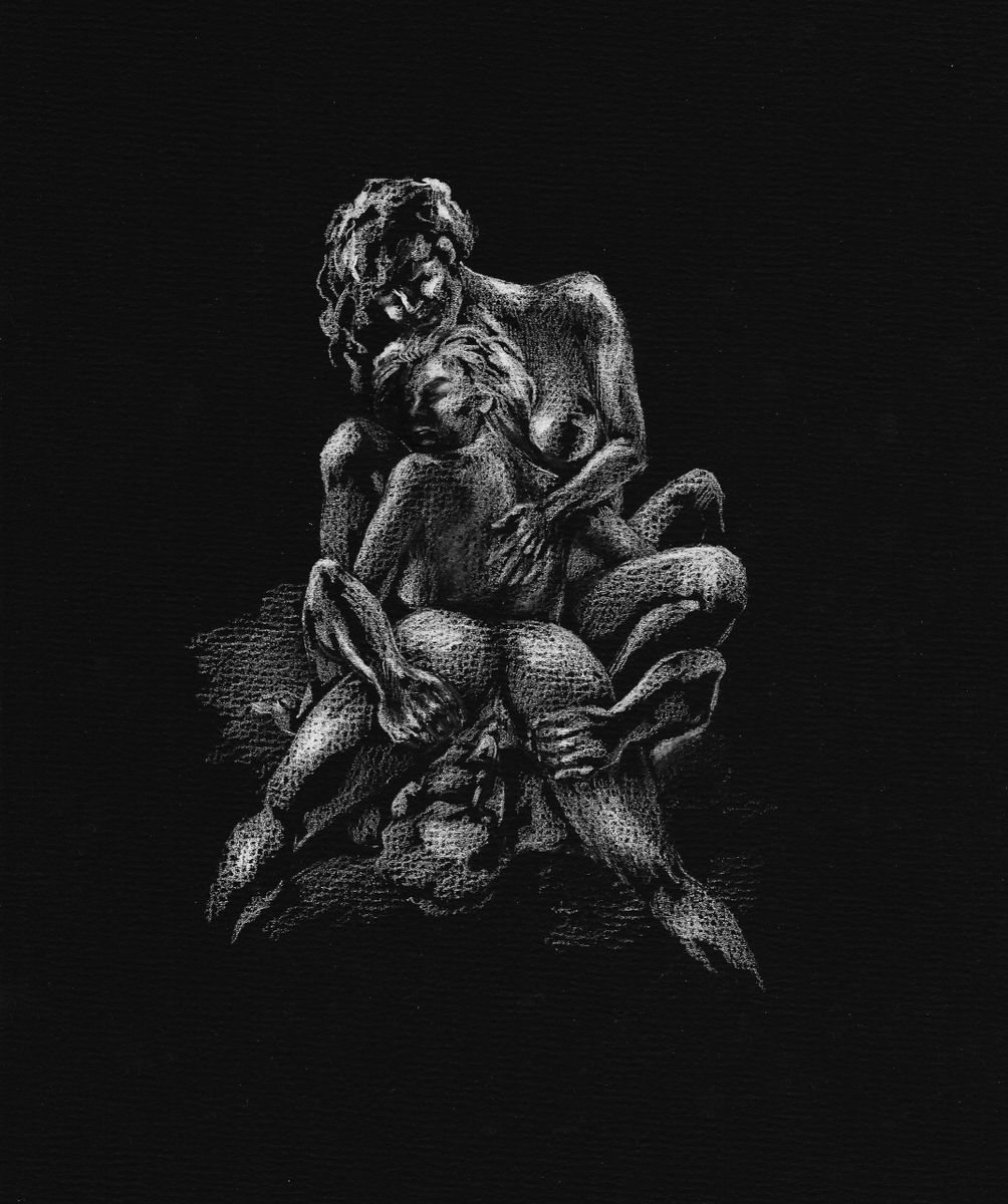 Menage á trois, white colored pencil on black paper, erotic fine art, high  quality print, 7