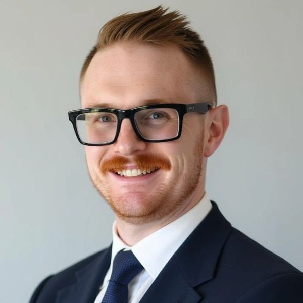 Smiling man with glasses and red mustache in a suit and tie.