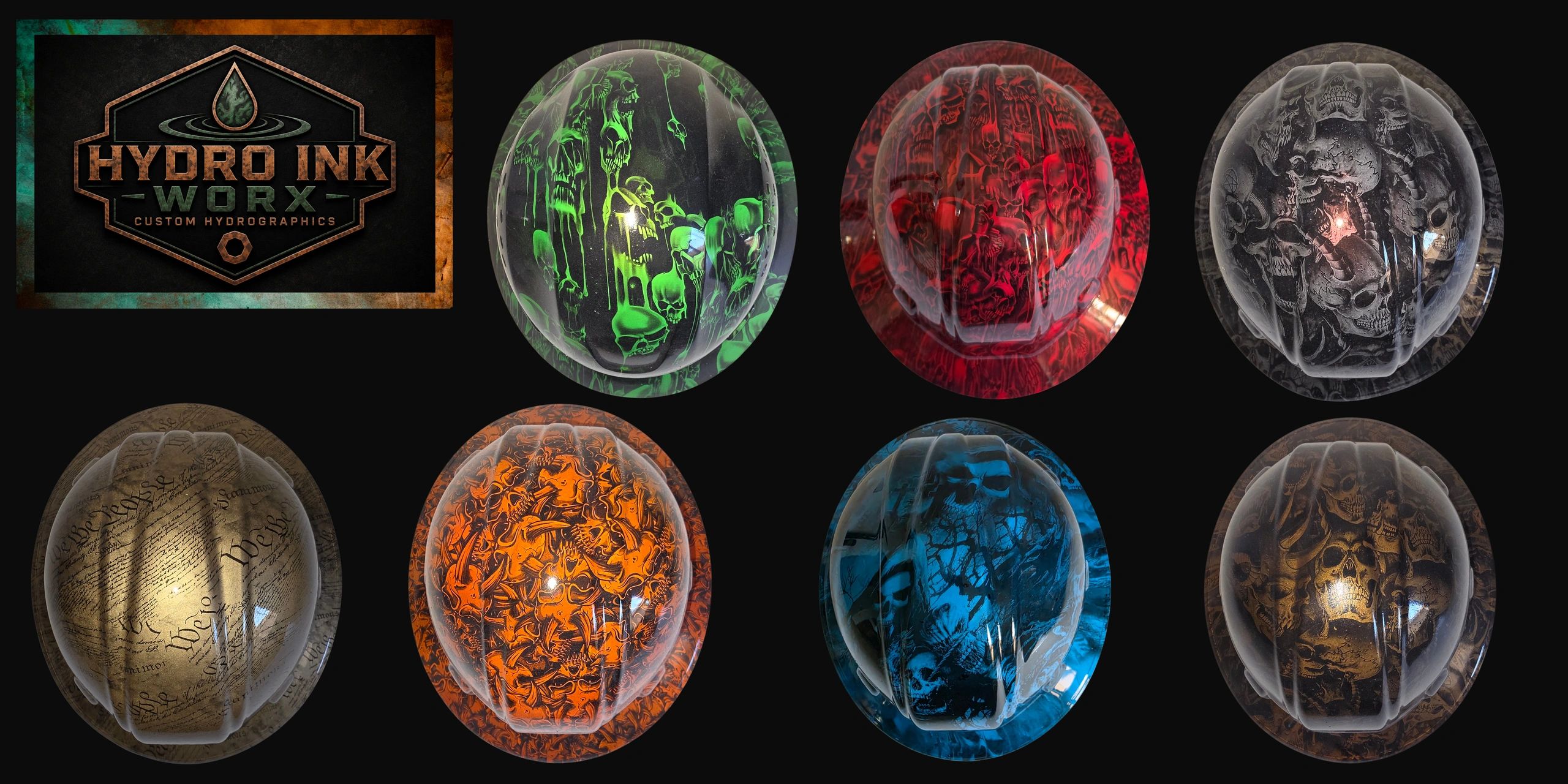 Custom hydrographic designs on helmets by Hydro Ink Worx.