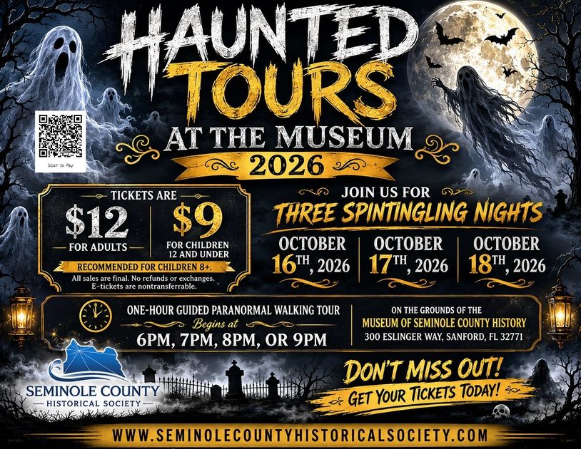 Haunted Tours at the Museum in 2026 with spooky ghosts and bats under a full moon.