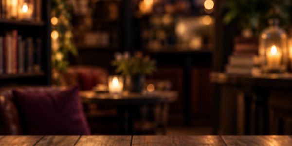 Cozy dimly lit cafe interior with wooden table.