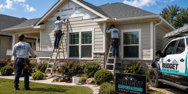 Roofing and siding professionals work on a house exterior.
