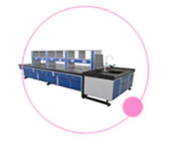 Modern blue and gray laboratory workstation with sink and storage.