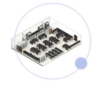 3D layout of a modern office space with multiple desks and seating areas.