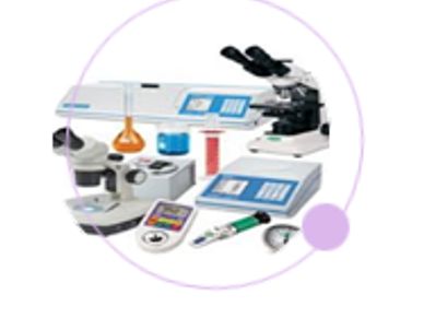 Various laboratory instruments including a microscope and measuring tools.