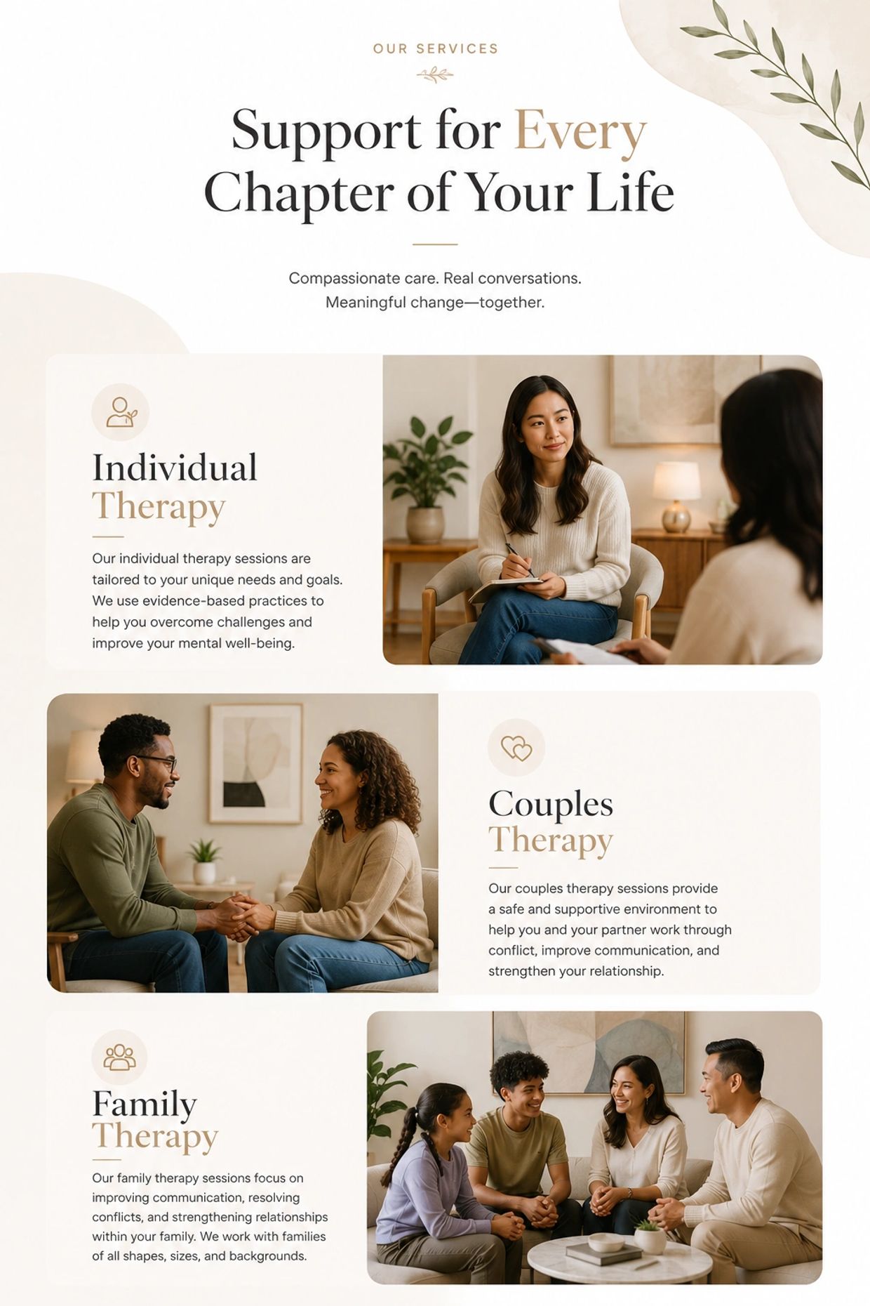 Therapy services offering individual, couples, and family support for mental well-being and relationships.