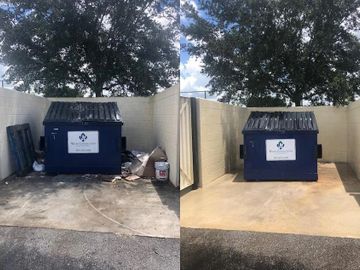 Before and after cleaning a dumpster area, removing trash and debris.