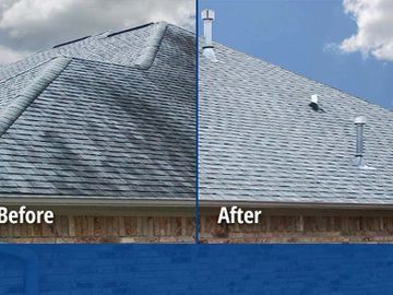 Side-by-side comparison of a roof before and after cleaning or repair.