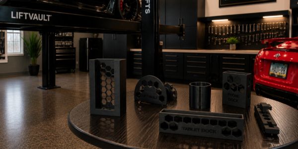 Black organizer docks displayed on a round table in a garage.
