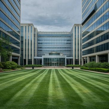 Modern office buildings with a perfectly manicured striped lawn.