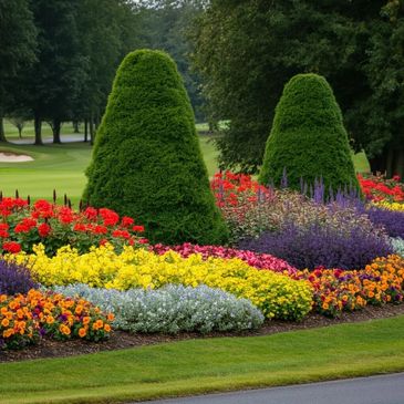 Colorful flower beds with neatly trimmed green shrubs in a garden.