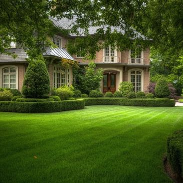 Elegant house with perfectly manicured garden and lush green lawn.