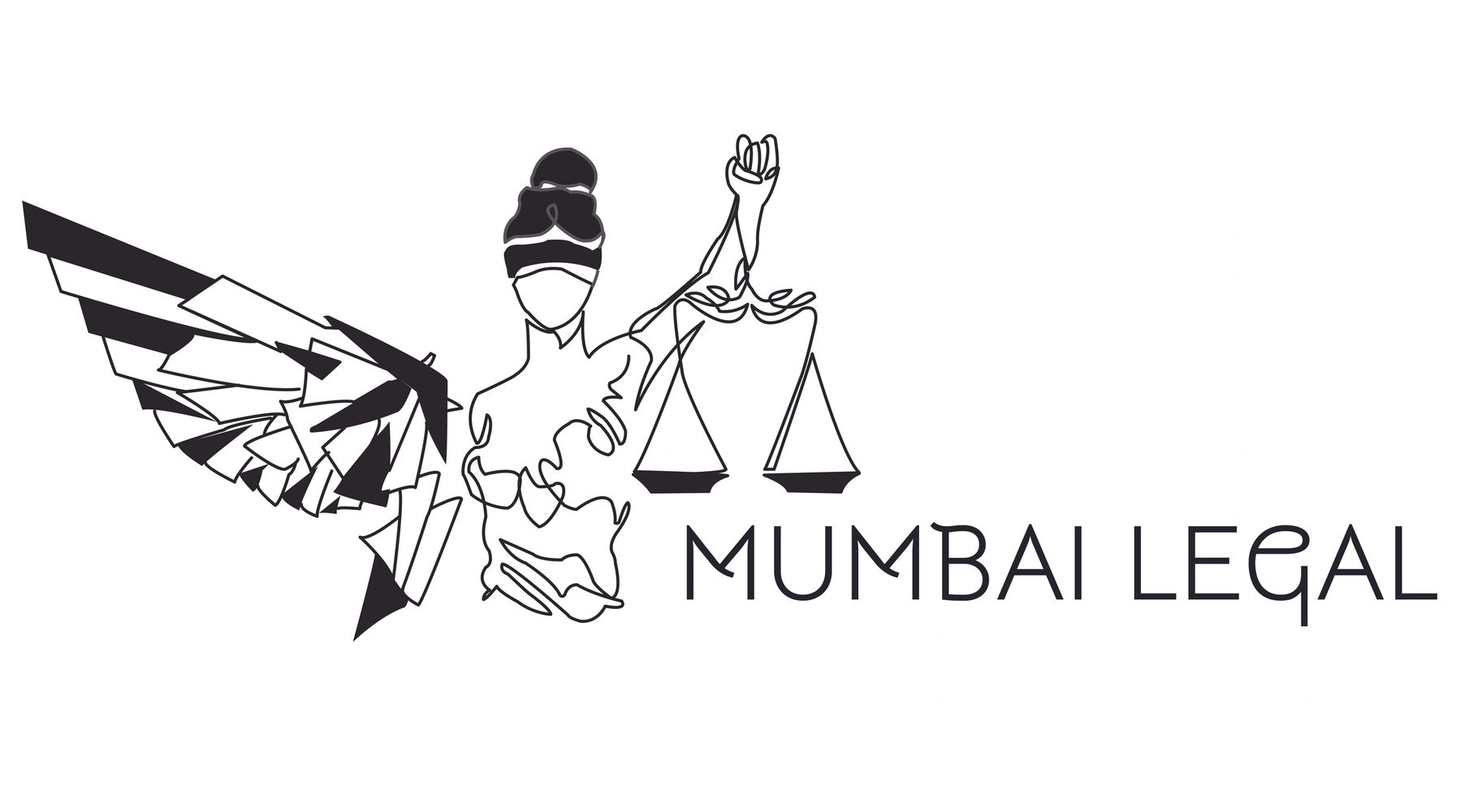 Stylized Lady Justice with geometric wings and scales, beside 'Mumbai Legal' text.