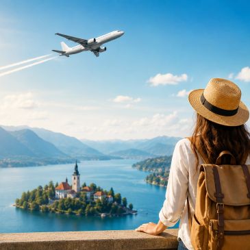 Woman with backpack watching plane fly over lake and island.