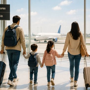 Family walking in airport terminal with luggage.