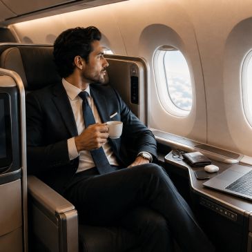 Man in business class on airplane looking out the window.
