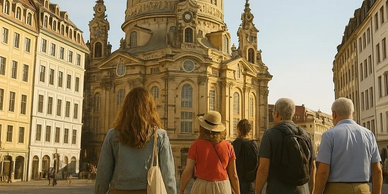 Group of tourists admiring historic baroque church in European city square.