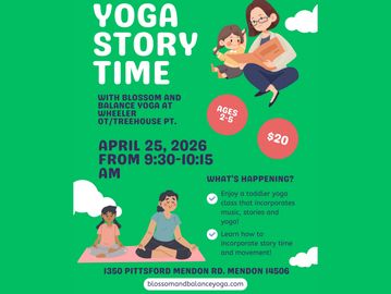 Yoga Story Time for kids aged 2-5 with music, stories, and yoga on April 25, 2026.