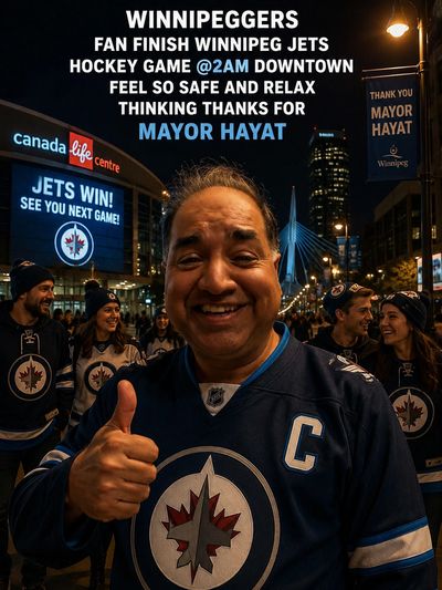 Happy Winnipeg Jets fan giving thumbs up downtown at night.