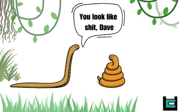 Normal snake to the poop shaped snake : You look like shit , Dave