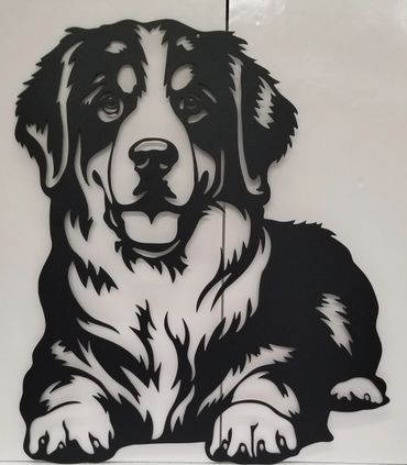 Black and white dog silhouette artwork on a light background.