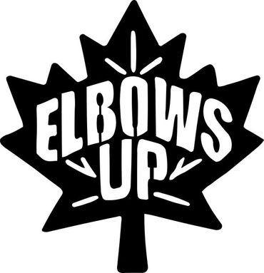 Black maple leaf with bold "ELBOWS UP" text inside.