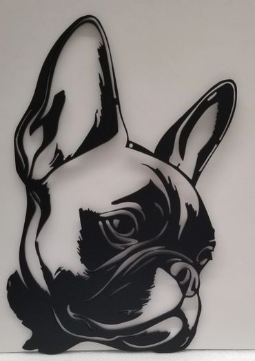 Black metal art of a French Bulldog's face on a white background.