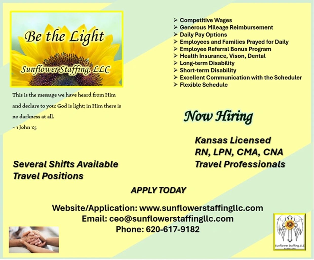 Job hiring ad for Kansas licensed travel healthcare professionals by Sunflower Staffing, LLC.