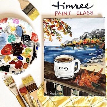 Timree autumn painting with a cozy cup of coffee with fall colours, water and mountains.