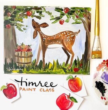 Timree painting with a fawn deer in an apple orchard 