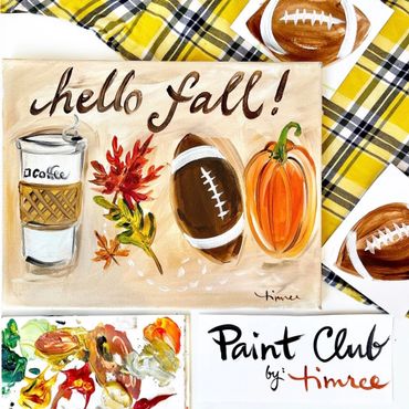 Timree hello fall painting with coffee, autumn leaves, football and a pumpkin 