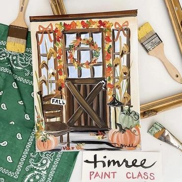 Timree painting door with fall leaves foliage and pumpkins 