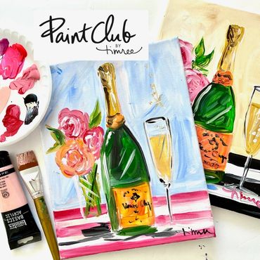 Timree veuve clicquot champagne painting with a pink and orange floral bouquet 
