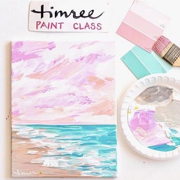 Summer beach Timree painting with pink and orange sky and aqua wavy ocean