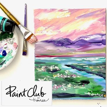 Timree nature painting with a pink sky, purple mountains and floral meadow with a river