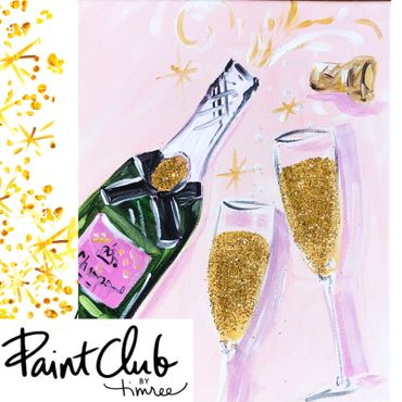 Timree New Year’s Eve painting with a bottle of champagne and champagne flute glasses