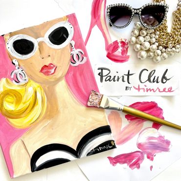 Pink Barbie Timree painting with Coco Chanel earrings and sunglasses.