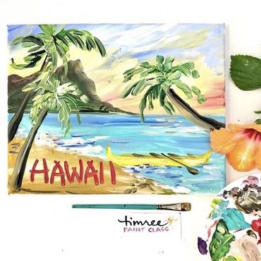 Hawaii Timree painting with ocean, mountains and palm trees.