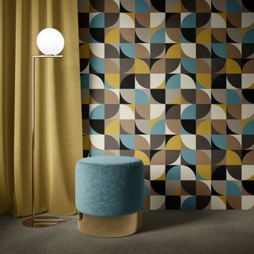 Retro Mod Squares Blue Brown Mustard Beige Black Wallpaper