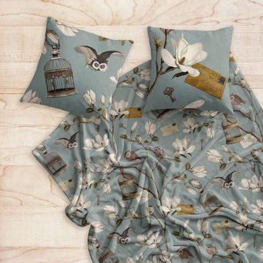Magnolia Grove with Owls in Duck egg blue Fleece Blanket and Throw pillows