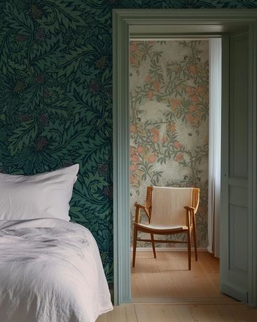 Wallpaper in Cockatoo and Pomegranate by Walter Crane in grey beige