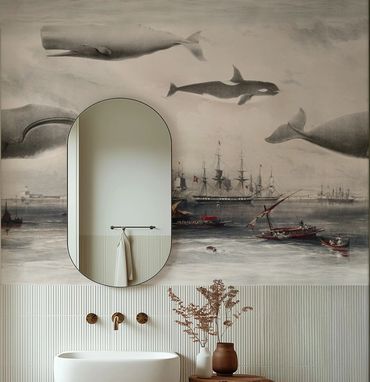 Whales and Ships Mural in burgundy red 