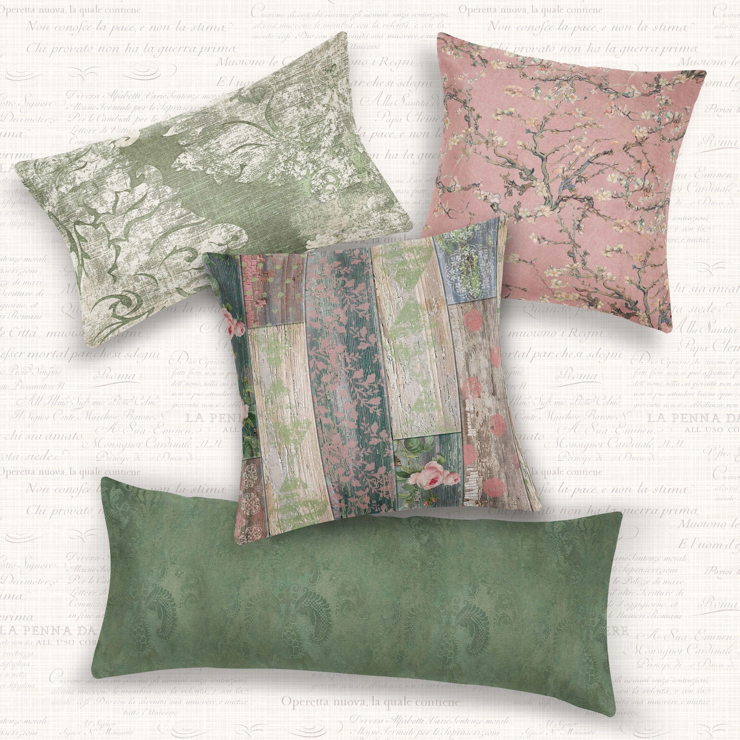 Set of four pillows in coordinating colors - pink, green, and beige.