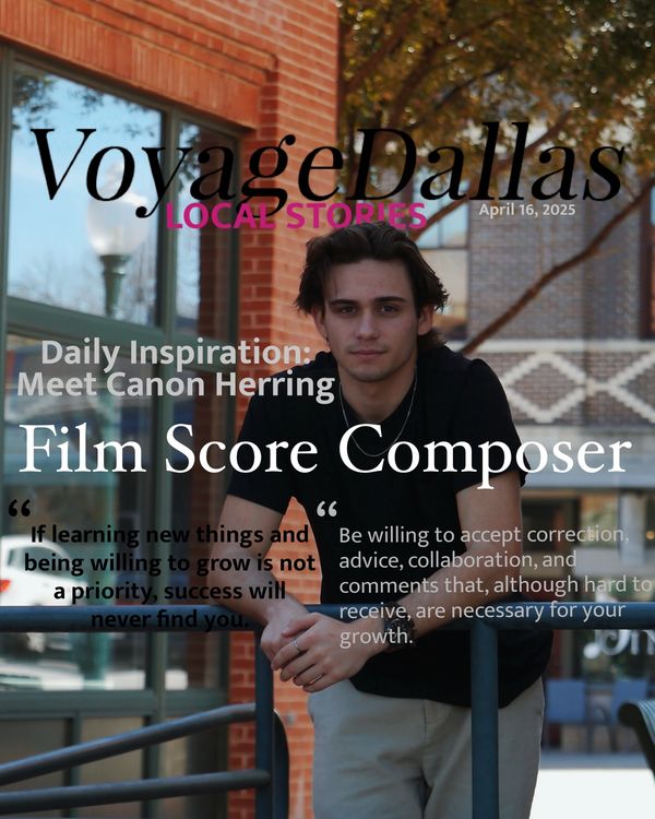 Young man featured on VoyageDallas magazine cover as a film score composer.