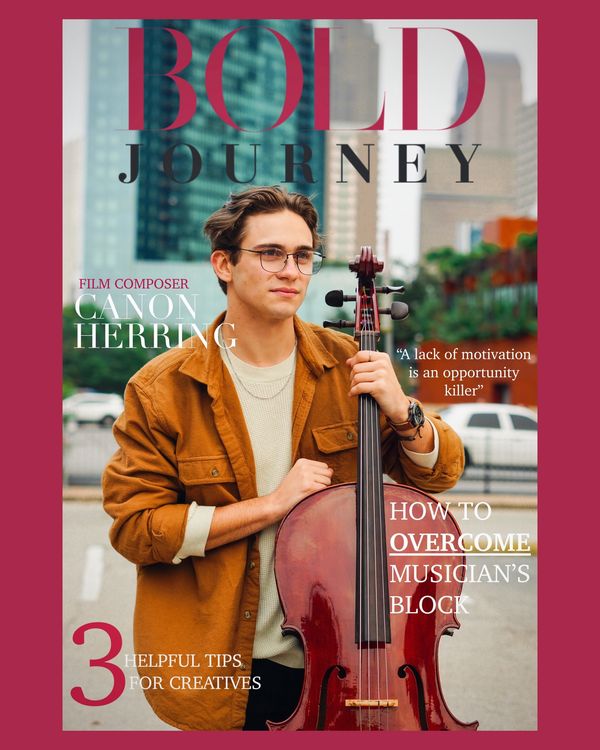 Film composer Canon Herring with cello on BOLD JOURNEY cover.