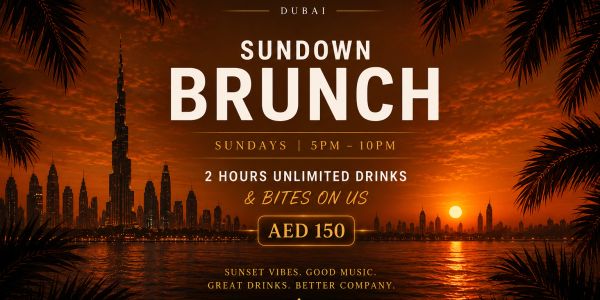 Sundown brunch event in Dubai with unlimited drinks.