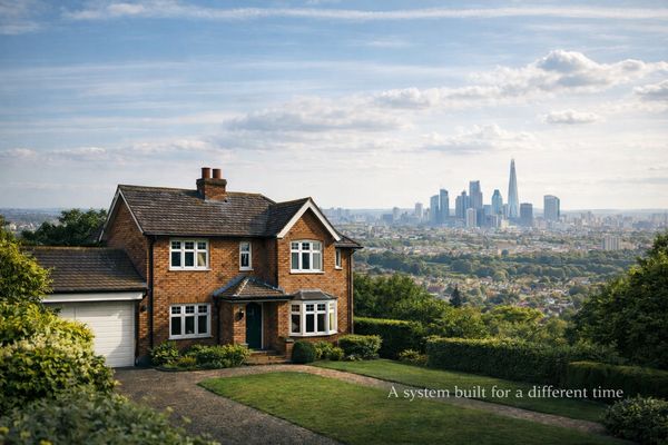 A brick house with a city skyline in the background and text overlay.