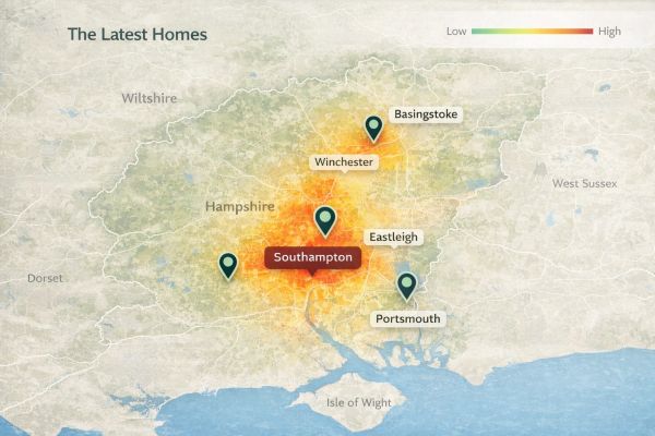 Heatmap showing latest home developments around Southampton and nearby cities in Hampshire.
