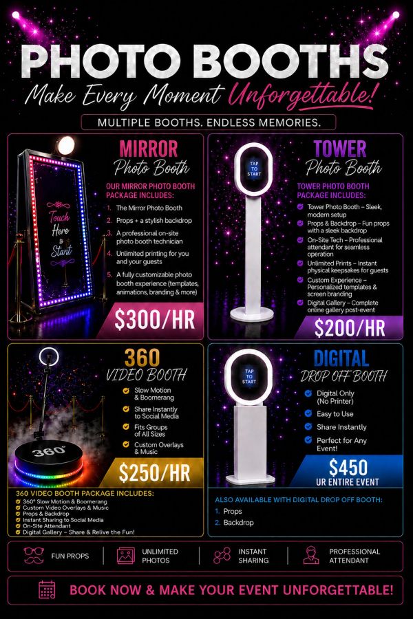 Four types of photo booths offered with different features and prices.